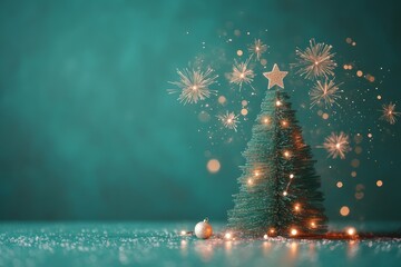 A miniature Christmas tree with a star on top and fireworks above it. Creative and festive composition with pastel green background and copy space.