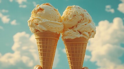 Wall Mural - Two scoops of vanilla ice cream in waffle cones against a blue sky with white clouds.