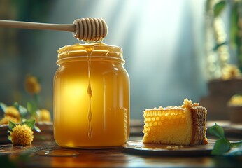 Canvas Print - Golden honey dripping from a jar with honeycomb cake in the background.