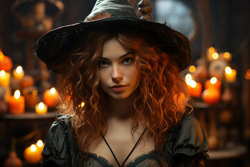Canvas Print - generative ai picture of beautiful girl wearing creepy witch costume hat celebrating happy halloween
