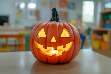 Wall Mural - Kids carving pumpkins at a Halloween event generative AI