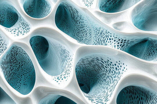 Morphogenesis inspired tile pattern with intricate textures and fluid shapes, showcasing blend of white and teal colors. This abstract design evokes sense of depth and organic structure