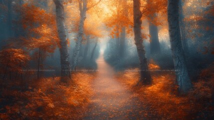 Poster - A mystical autumn forest illuminated by a mystical fog, trees and branches with fall orange leaves against a beautiful pastel color background.