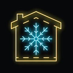 Poster - Glowing neon line house with snowflake icon isolated on black background. Winter house symbol. Merry christmas and happy new year. Vector illustration
