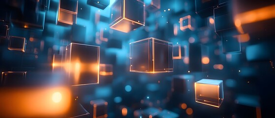 Poster - Mesmerizing glowing geometric shapes floating in a dark futuristic digital space  Abstract creative and cutting edge visualization perfect for tech related visuals digital designs and modern media