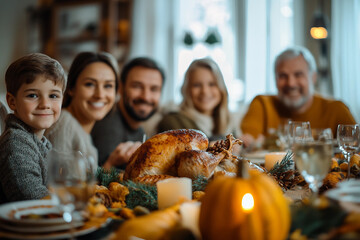 Happy Thanksgiving, big family dinner with turkey feast home celebration, Generative AI