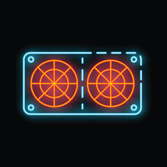 Poster - Neon icon of two computer fans is glowing blue and red on black background