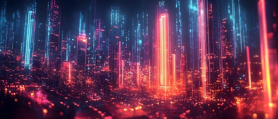 Poster - Glowing digital data streams flowing through a futuristic virtual cityscape representing the innovative and connected nature of modern technology and the digital world