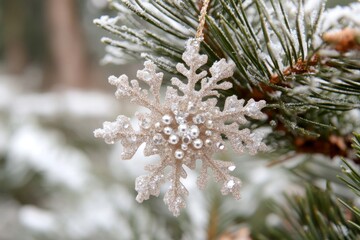 Wall Mural - Christmas holiday background with falling snow on pine tree branches.