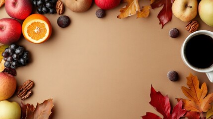 Wall Mural - An autumn flat lay composition of a cup of tea with autumn dry leaves, roses flowers, an orange circle, cones, decorative pomegranates, cinnamon sticks on a brown background.