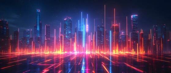 Poster - Glowing neon lines tracing the outline of a cityscape creating an abstract and futuristic visual with a modern energetic atmosphere