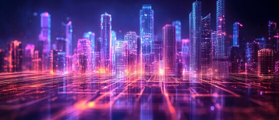 Poster - Glowing neon lines tracing the outline of a futuristic energetic cityscape with abstract luminous illumination and vibrant modern architecture  Depicting a dynamic