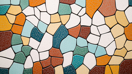 Sticker - Colorful abstract mosaic pattern composed of irregularly shaped ceramic tiles in various colors including orange, yellow, green, turquoise, and white.