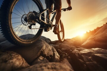 Poster - Cyclist riding mountain bike transportation clothing footwear.