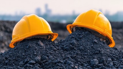 Two yellow hard hats partially buried in black material, likely representing construction or mining work, with a blurred cityscape in the background.