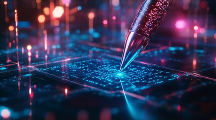 Poster - A futuristic close-up of a pen touching a glowing digital circuit board with vibrant lights, representing innovation and creativity in technology.