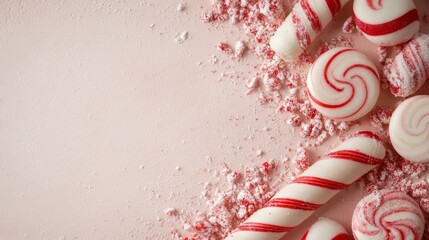 Candy canes and peppermint swirls are placed on a surface dusted with crushed peppermint, creating a festive and sweet winter holiday atmosphere.