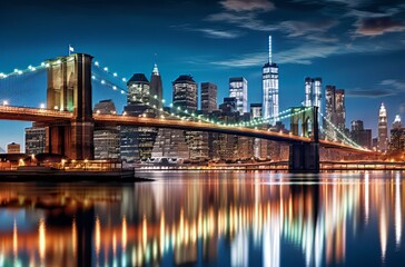 Illuminated Brooklyn Bridge and Manhattan skyline at twilight by the river