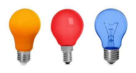 Sticker - Different light bulbs with colorful glass on white background, set