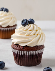 Chocolate cupcake with white vanilla whipped cream and blueberries on a light background. The muffin with a paper cup. Close up. Delicious homemade dessert for bakery, dessert menu or food blog.