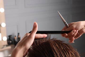 Sticker - Professional hairdresser cutting client's hair with scissors in barbershop, closeup