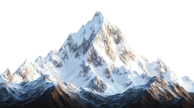 Majestic snow-capped mountain peak with sunlight, isolated on transparent cutout background