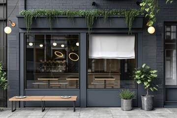 Wall Mural - Restaurant window mockup shop indoors plant.