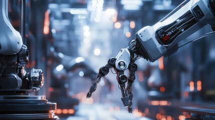 Poster - A robotic arm interacting in a futuristic industrial setting.