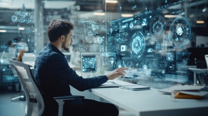 Poster - The future shows a stylish young man sitting at a table in a light modern room using his high-tech computer with transparent display and futuristic interface.