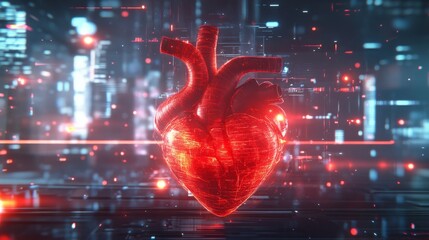 Poster - An imaging hologram of a heart and a doctor with a diagnosis of heart disease. Future health care, an advanced scan panel. Mixed media, copy space.