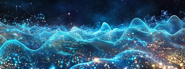 Poster - Business graph waves and technology graph, Abstract blue technology background with a cyber network grid and connected particles, digital connectivity, stock