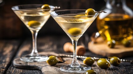 Two Martinis with Olives on Bar Counter