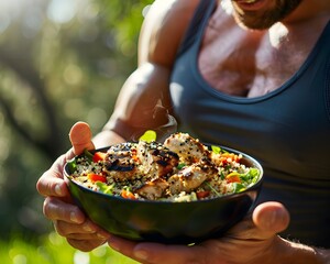 Muscular Bodybuilder Enjoying Nutritious Quinoa Salad Outdoors Amidst Natural Setting