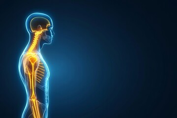 In a dark blue background, a human body with glowing red pain points illustrating pain or nerve stimulation