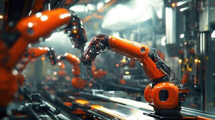 Poster - A high-tech factory scene featuring robotic arms engaged in industrial automation.