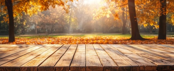 Poster - The background is a blurred, wooden board with a brown wooden table over a blurred forest background - perfect for using as a mockup for montaging your products for display. This backdrop is an