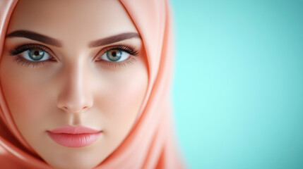 A woman wearing a white scarf with a blue background