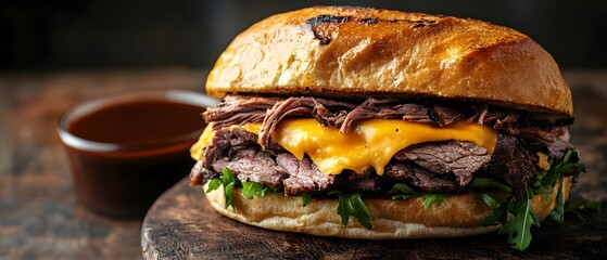 Juicy roast beef sandwich with melted cheese served with a side of rich and savory au jus sauce a hearty and comforting dining experience on a dark background with copy space for text overlay