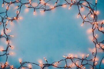 Canvas Print - A dark blue background with copy space is decorated with Christmas lights.