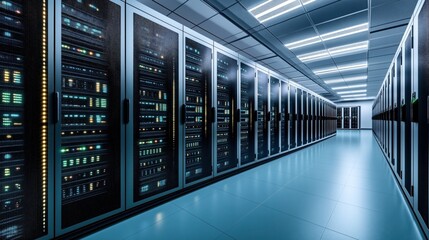 Poster - A modern server room with rows of servers in racks, glowing indicator lights, and a clean, well-lit environment with tiled flooring and ceiling lights.