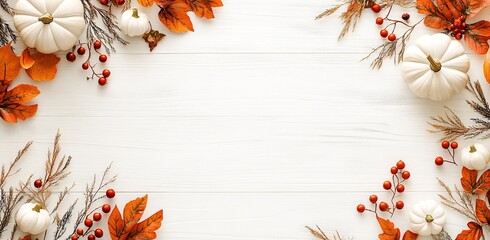 Canvas Print - Fall decorations made of pumpkins, berries, and leaves on a white wooden background. The concept could be Thanksgiving or Halloween.