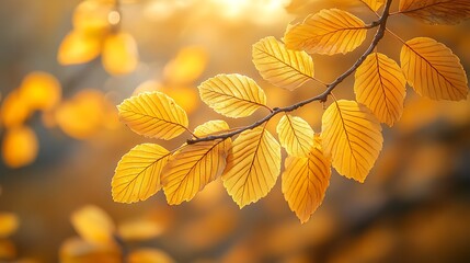 Poster - A close-up view of golden leaves illuminated by sunlight, showcasing the beauty of autumn with soft bokeh in the background.