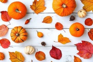 Poster - Autumn pumpkins decor, with leaves, berries, nuts on white background. Harvest concept for Thanksgiving or Halloween. Flat lay composition with greeting copy space.