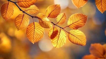 Poster - Close-up of vibrant autumn leaves on a branch, showcasing warm golden hues against a blurred background, evoking the beauty of fall.