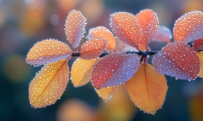 Poster - Dew-kissed autumn leaves in vibrant hues of orange and yellow, showcasing nature’s beauty and seasonal transformation.