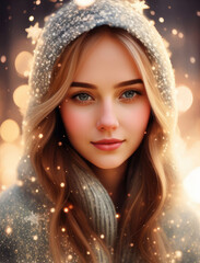 Portrait of young beautiful woman in hat with light long hair on winter day. Christmas festive background with snowflakes and bokeh