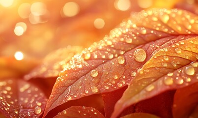 Poster - Close-up of autumn leaves glistening with dew, captured in warm sunlight, showcasing vibrant colors and nature's beauty.