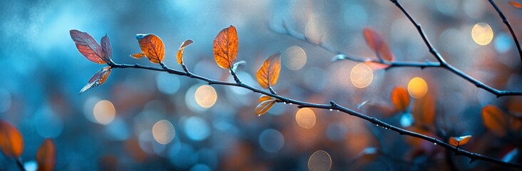 Wall Mural - In a panoramic format, this autumn background features red, yellow and green leaves that frame blue highlights in the bokeh