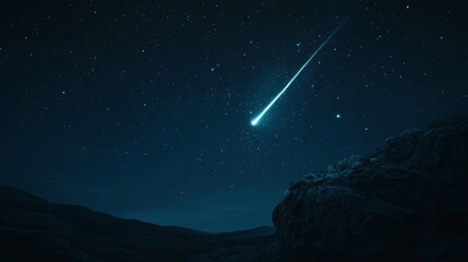 Aufkleber - A shooting star illuminates the night sky, surrounded by stars, casting a serene glow over a rocky landscape under a deep blue atmosphere.