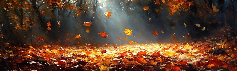 Poster - A serene autumn scene with fallen leaves and soft sunlight filtering through the trees, creating a warm, golden atmosphere.